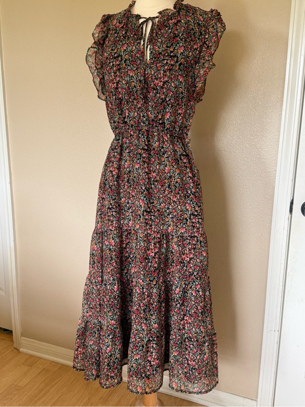 BB Dakota Black Floral Midi Dress with Pink & Green Print
